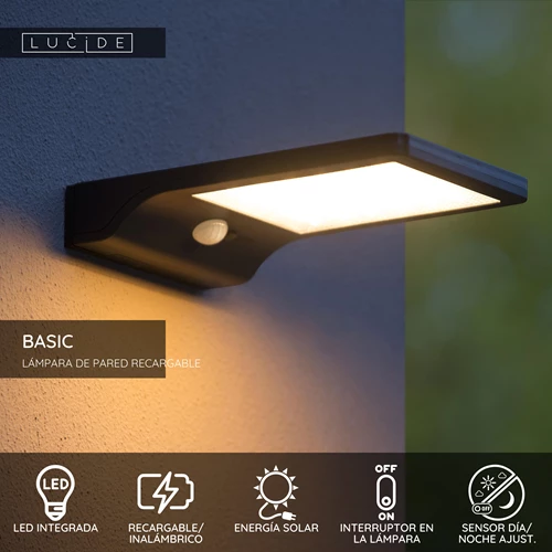 Lucide BASIC - Lámpara de pared - Energía solar - LED - 1x3W 2700K - IP44 - Sensor movimiento & día/noche - Negro - USP
